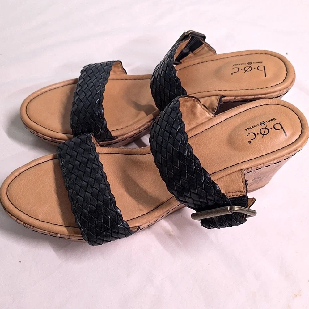b.o.c. Wedge Sandals Womens 11 Black Woven Strappy Cork Platform Slip On Boho